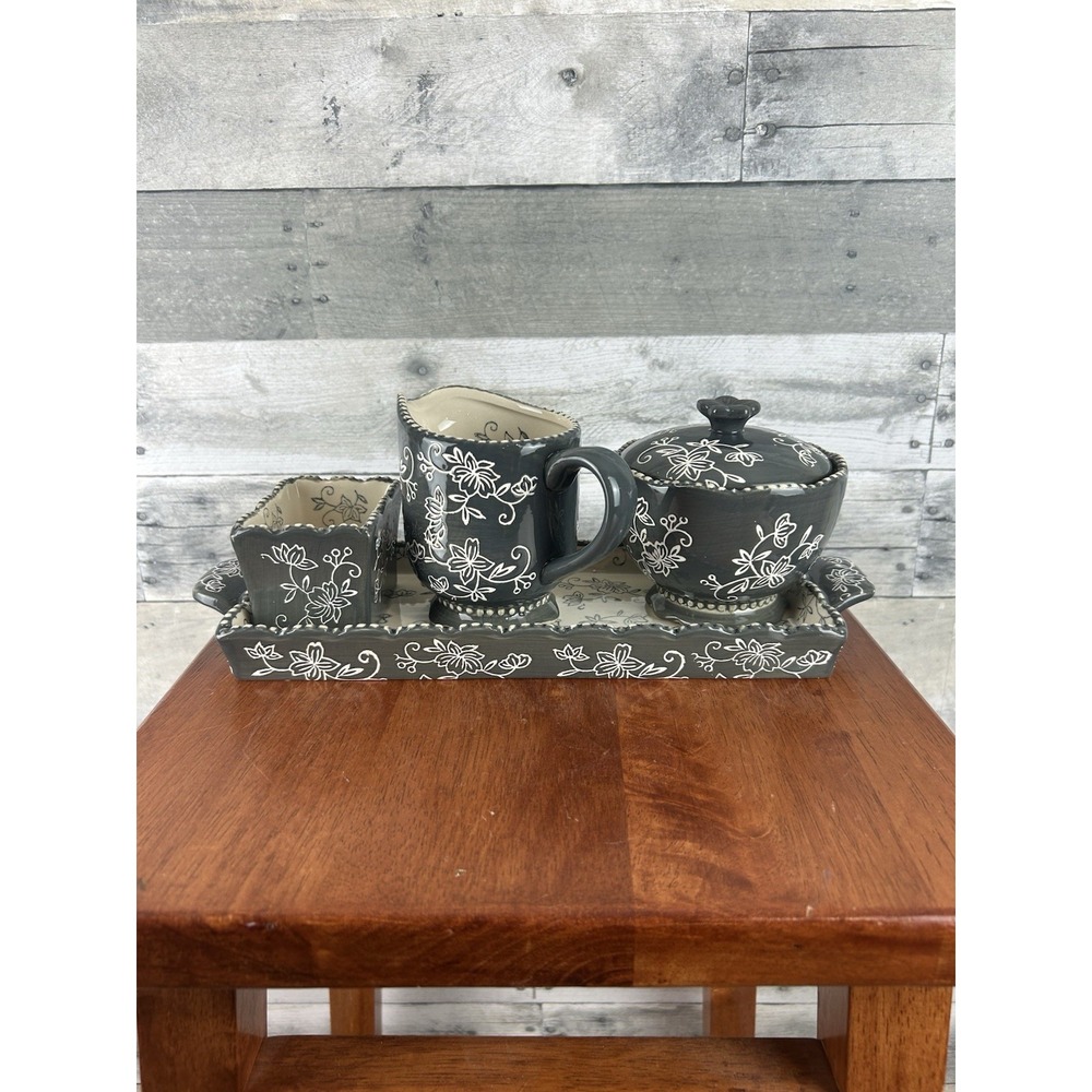 Temp-Tations Gray Lace Sugar/creamer Tray Set